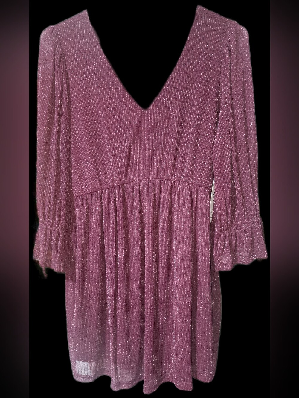 Women's Burgubdy Sparkle V-Neck Long Sleeve Maternity Dress